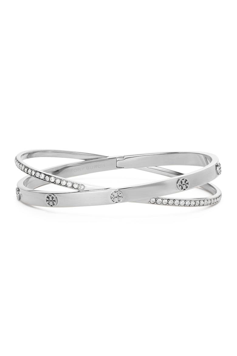 Icon Pave Crossover Bracelet, Main, color, TORY SILVER / CRYSTAL