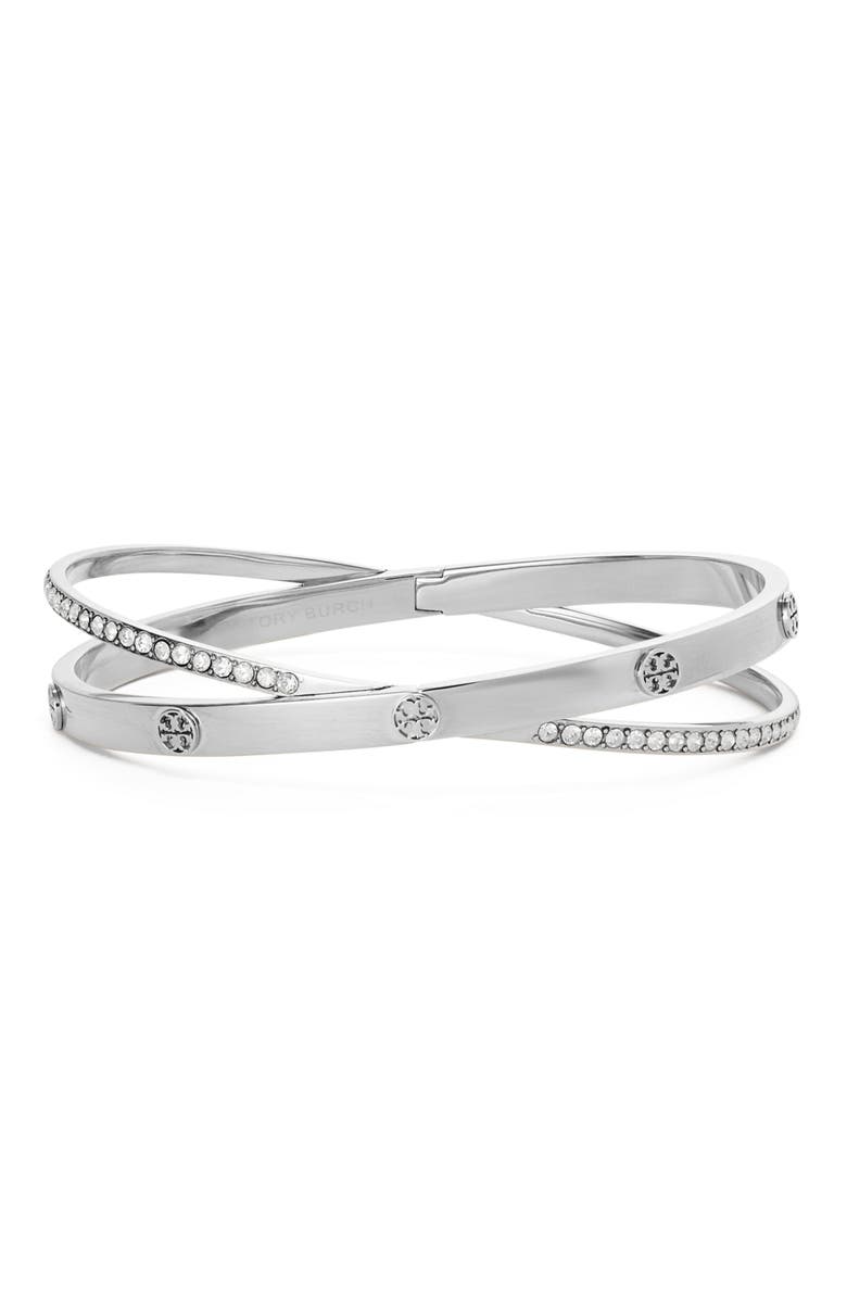 Tory Burch Icon Pave Crossover Bracelet, Main, color, Tory Silver / Crystal