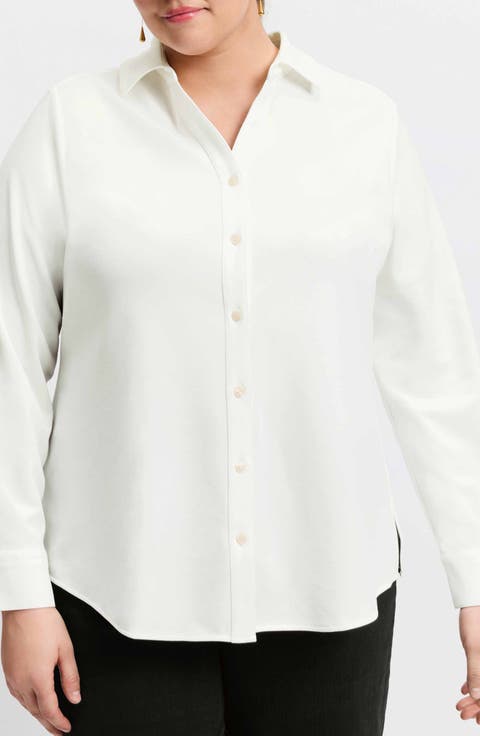 Mary Crepe Knit Button-Up Shirt (Plus)