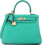 Pre-Owned Hermes Kelly Handbag Green Swift with Gold Hardware 25