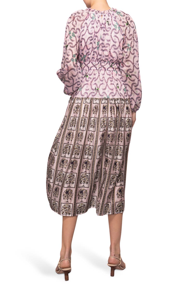 MELLODAY Printed Shirred Midi Dress, Alternate, color, Lilac Multi