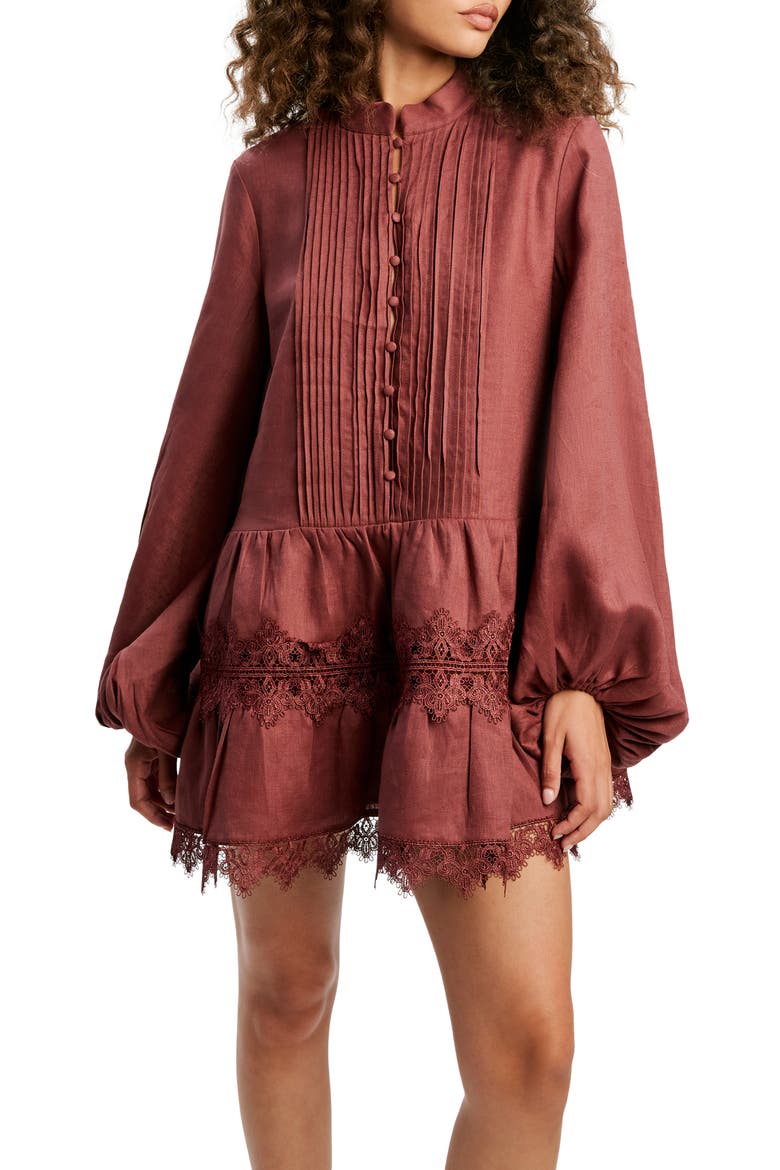 luxe 新品！SoSUE ANTONIA LACE Antonia Lace Trim Long Sleeve Linen Minidress (Women) | Nordstrom