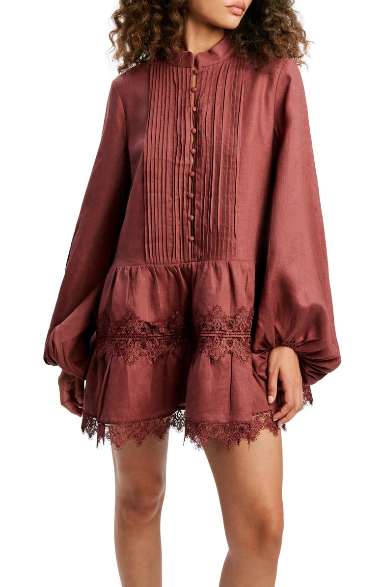 Bardot Antonia Lace Trim Long Sleeve Linen Minidress, Alternate, color, Chestnut