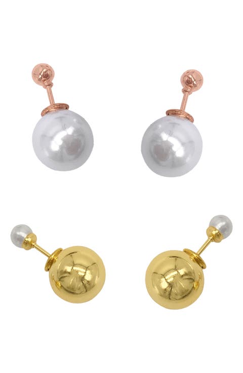 Set of 2 Faux Pearl Ball Front/Back Earrings