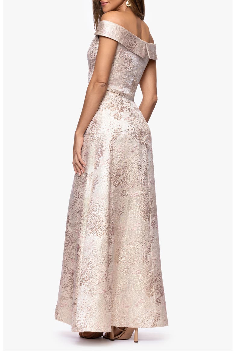 Jacquard Metallic Off the Shoulder Ballgown, Alternate, color, BLUSH/ GOLD