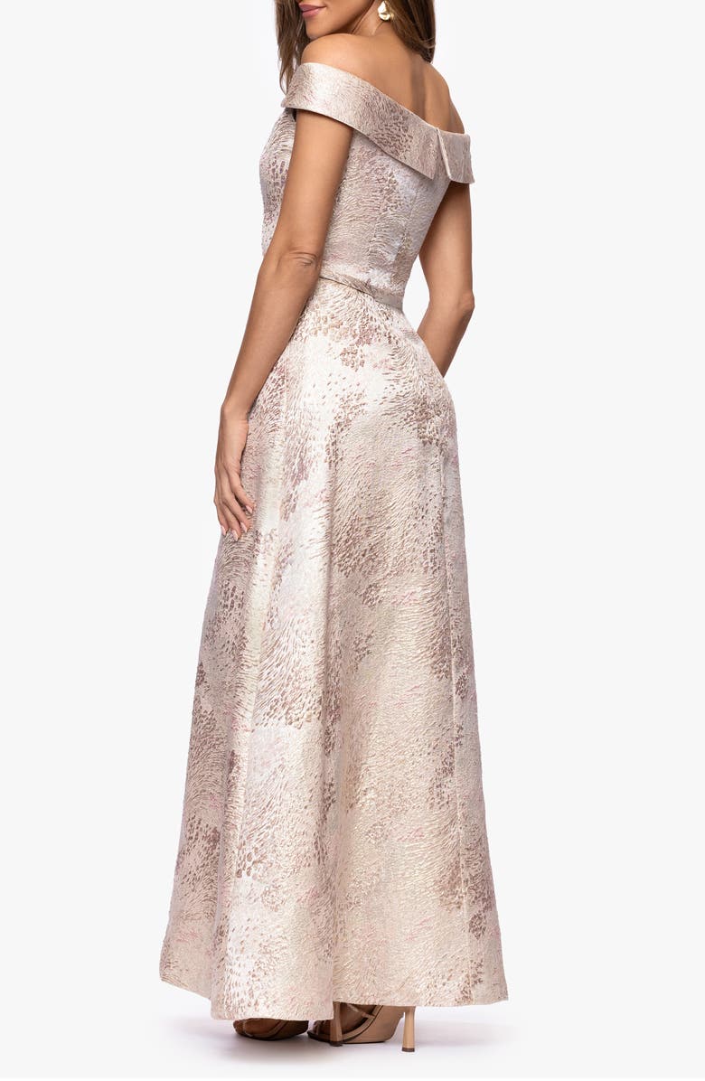 Xscape Evenings Jacquard Metallic Off the Shoulder Ballgown, Alternate, color, Blush/ Gold