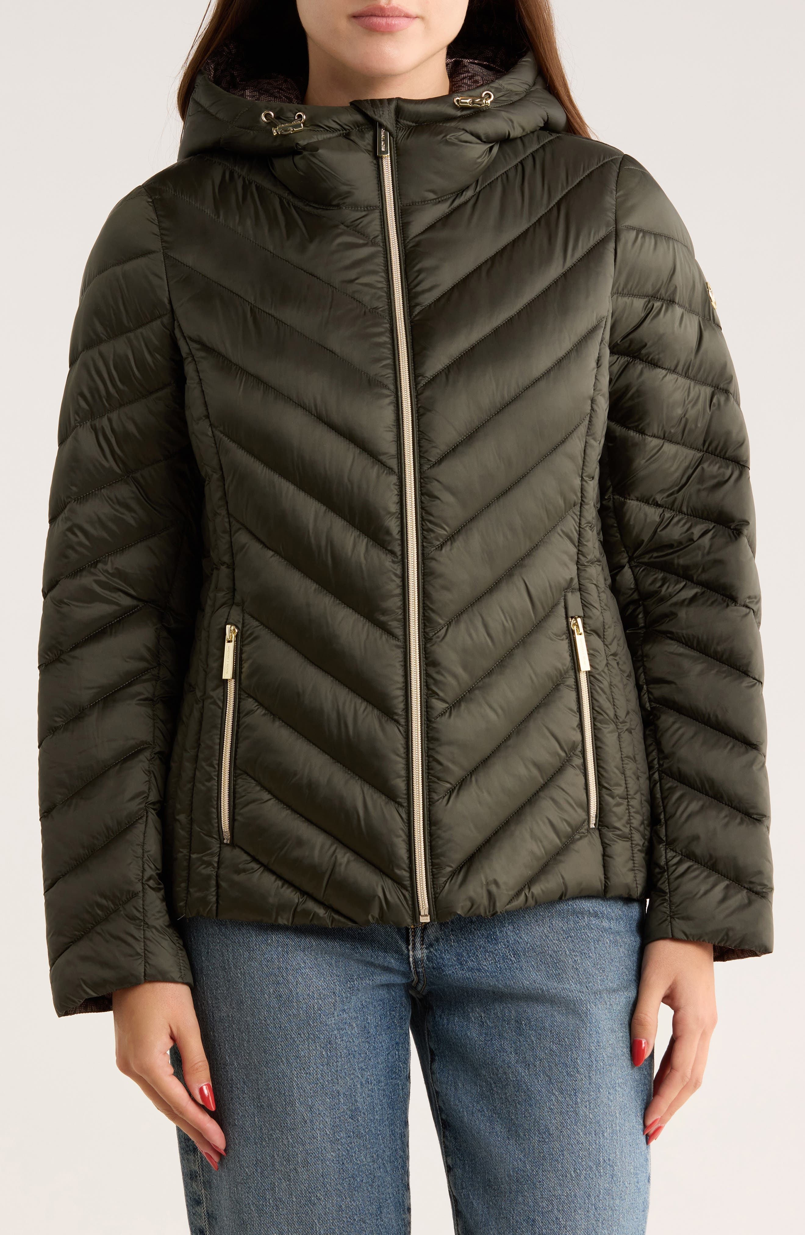 Michael Kors Hooded Packable Chevron Quilted Jacket