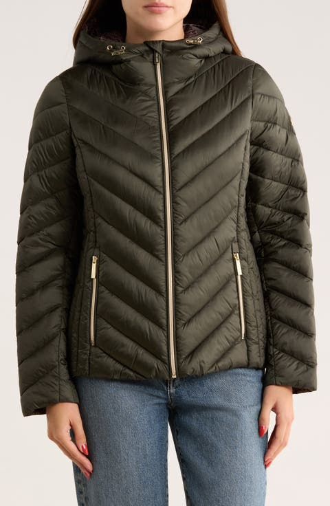 Hooded Packable Chevron Quilted Jacket