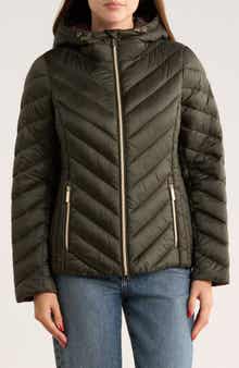 Michael Kors Hooded Packable Chevron Quilted Jacket