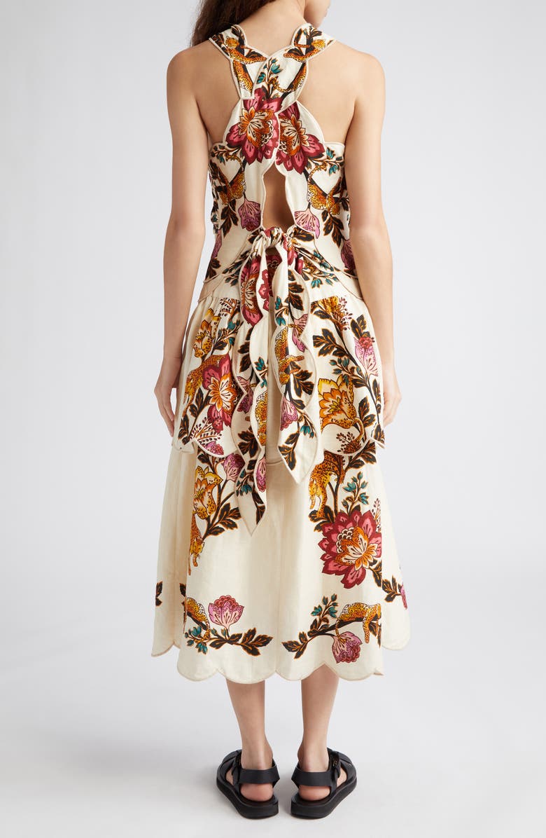 FARM Rio Leopard Flowers Print Cutout Detail Linen Blend Dress, Alternate, color,