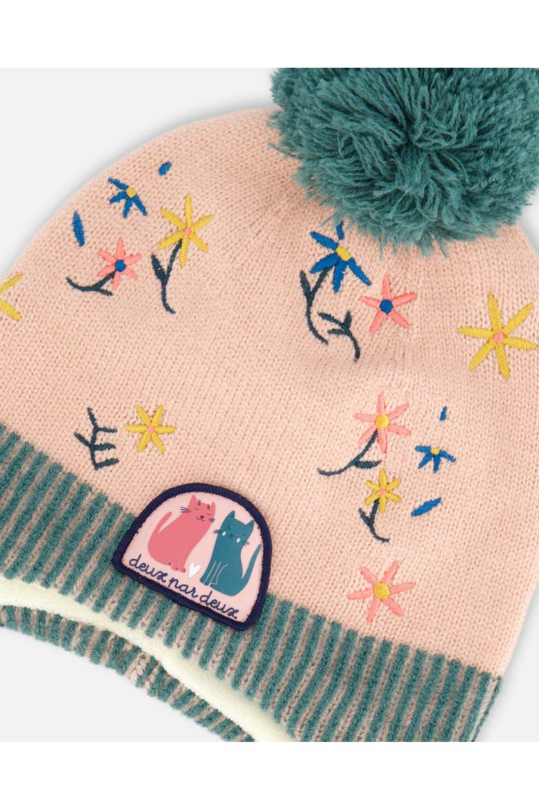 Baby Girl's Peruvian Knit Hat Light Pink, Sage Green And Flowers, Alternate, color, Embroidered Flowers