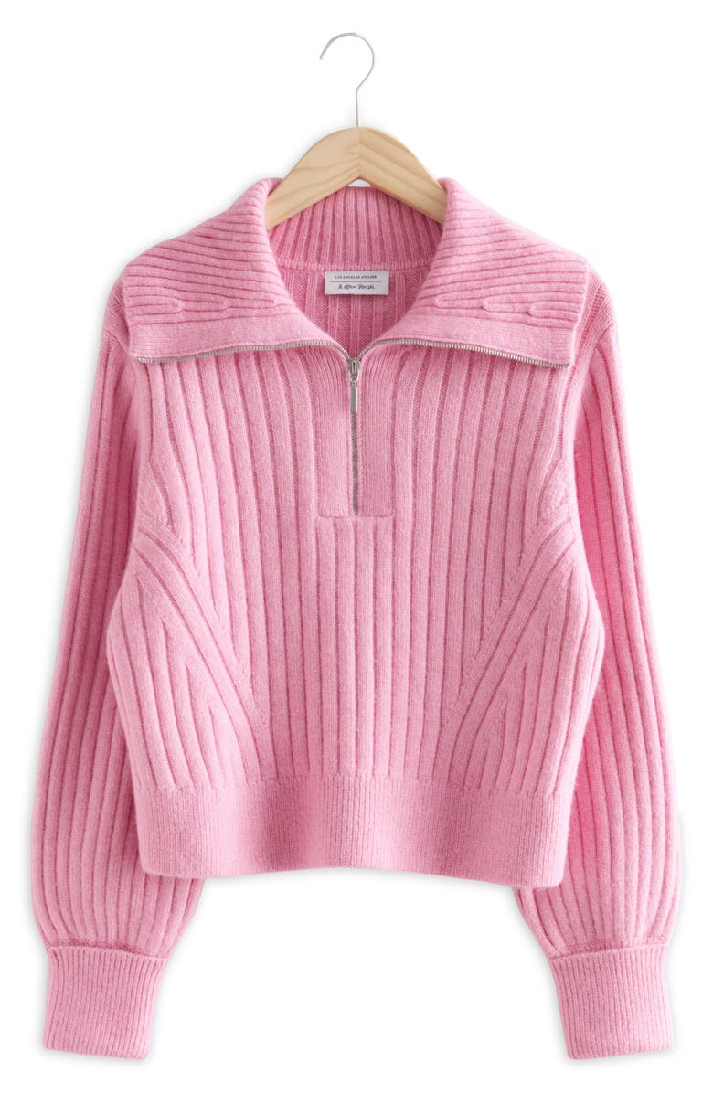 & Other Stories Ribbed Quarter Zip Wool Blend Sweater, Alternate, color,