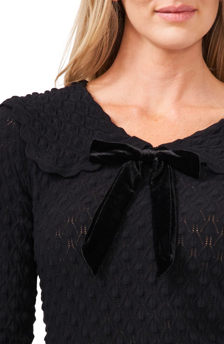 CeCe Pointelle Knit Collared Sweater with Velvet Bow, Alternate, color, 
