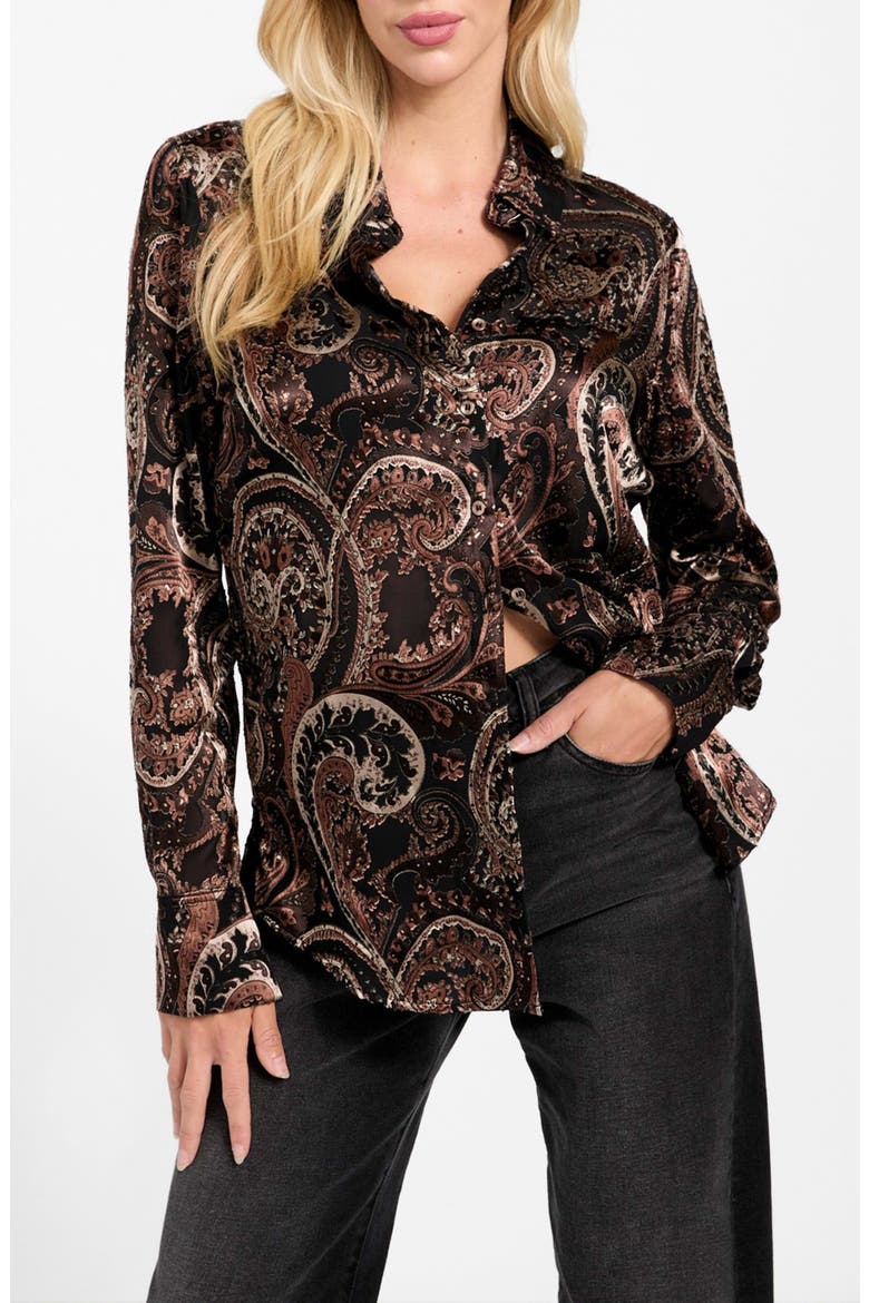 Clarisse Paisley Satin Button-Up Shirt, Main, color, BEIGE MULTI