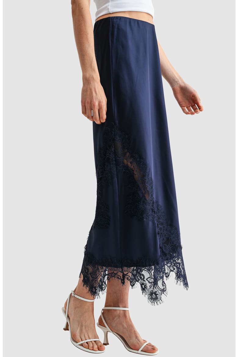 Lace Trim Satin Midi Skirt, Alternate, color, NAVY