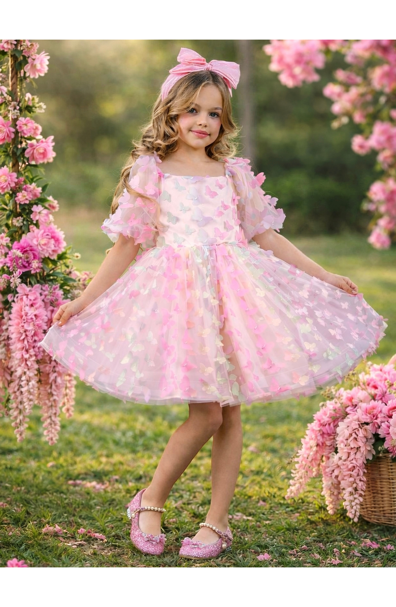 Mia Belle Girls Butterfly Bliss 3D Applique Party Dress, Alternate, color, Pink