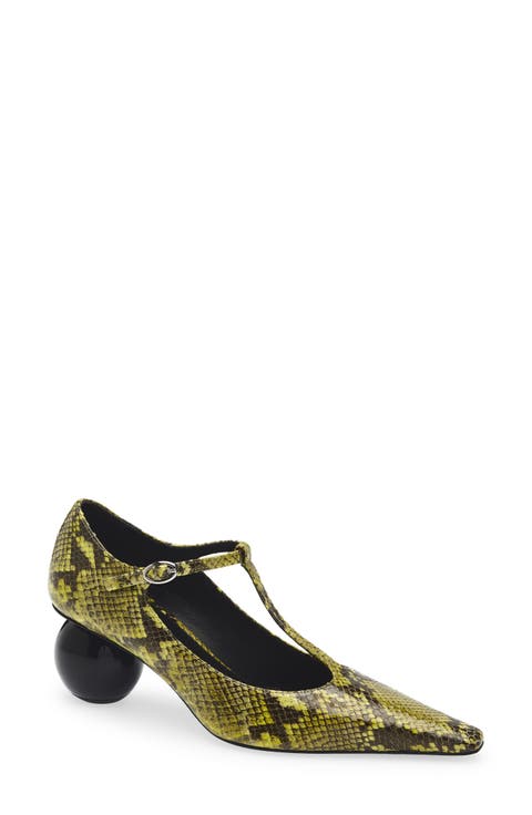Orb T-Strap Pointed Toe Snakeskin Embossed Leather Pump (Women)