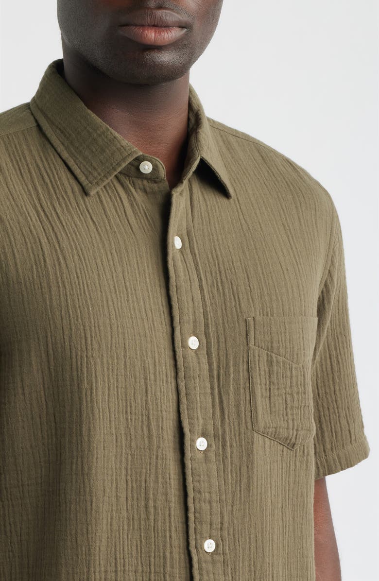 Nordstrom Duo Gauze Short Sleeve Cotton Button-Up Shirt, Alternate, color, Olive Tundra