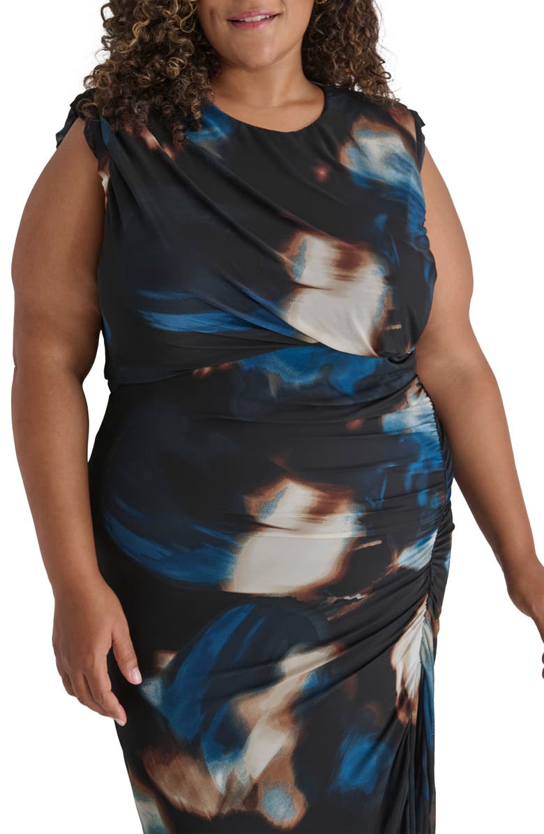 DKNY Sleeveless Ruched Mesh Body-Con Dress, Alternate, color, Black/ Teal Glass