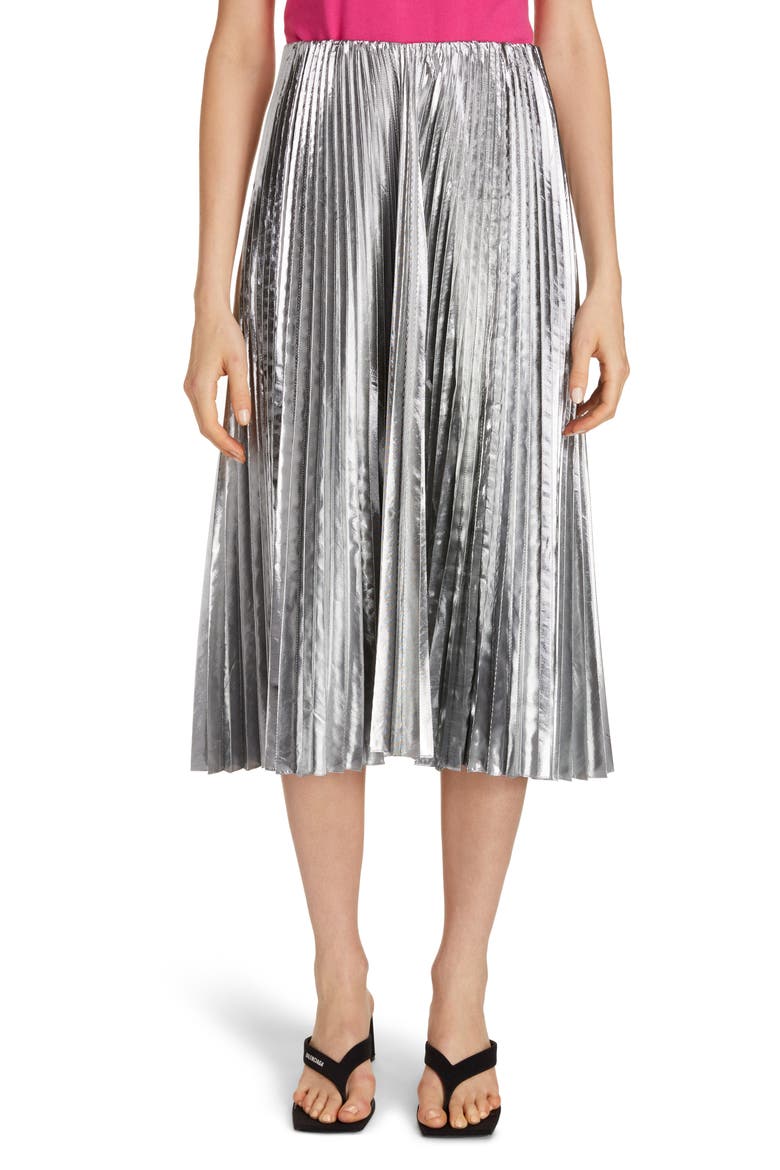 Metallic Pleated Wool Blend Midi Skirt, Main, color, SILVER