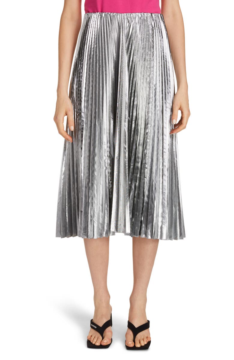 Balenciaga Metallic Pleated Wool Blend Midi Skirt, Main, color, 