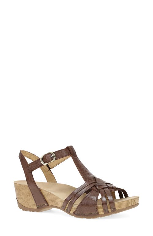 Dansko Tia Ankle Strap Platform Wedge Sandal In Brown Milled Burnished