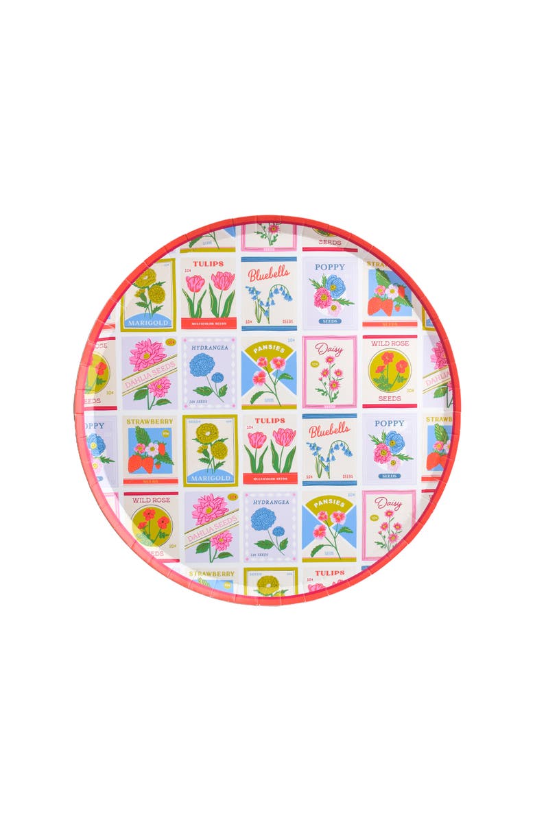 Jollity & Co. In Bloom Seed Packet Plates, Main, color, Dessert Plate (Red Rim)