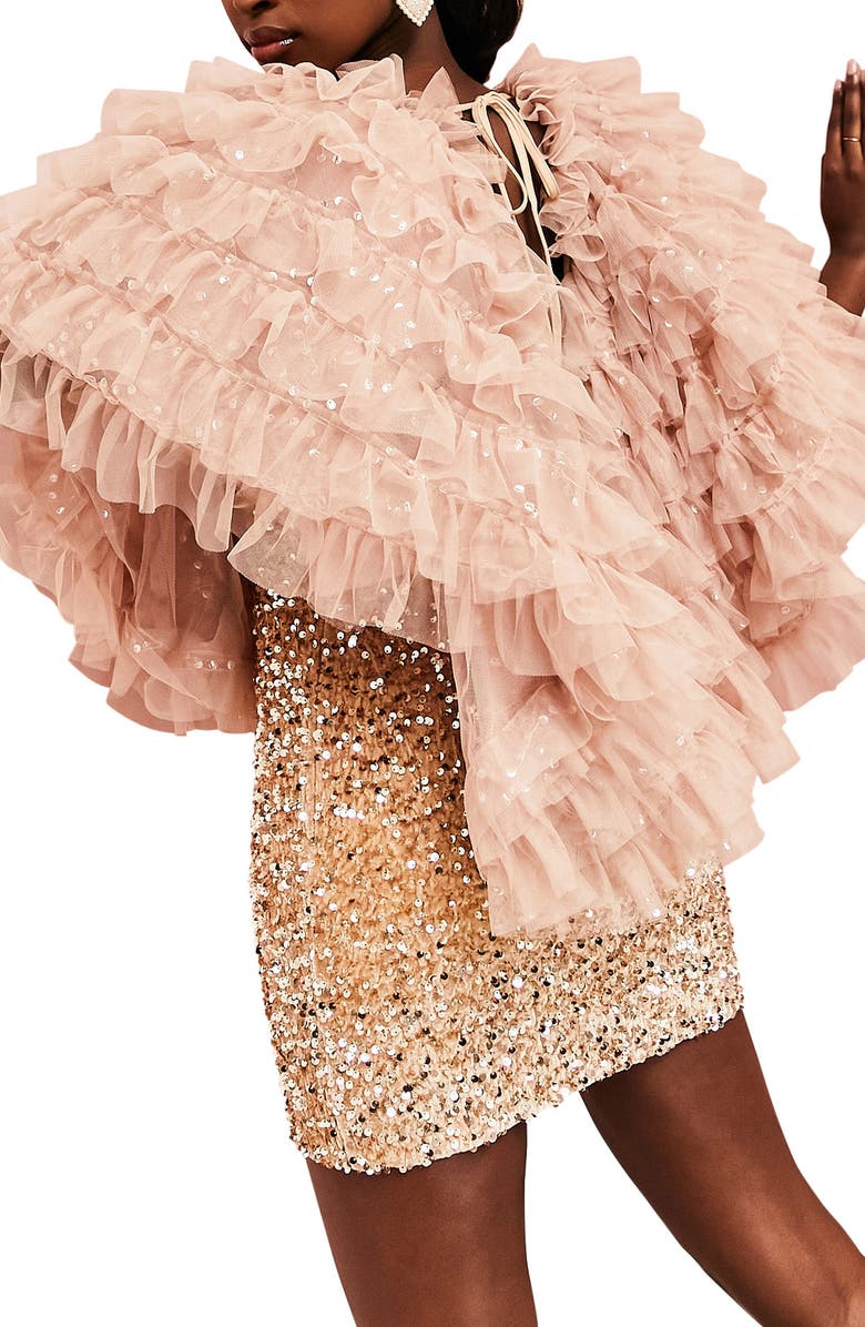 ASOS DESIGN Sequin & Tulle Cape Minidress, Alternate, color, Gold