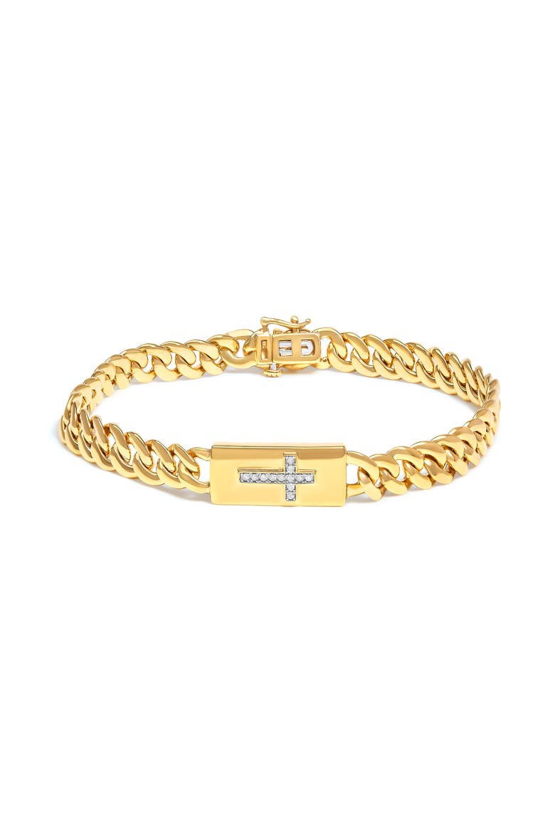 14K Yellow Gold Plated Silver Diamond Accent Inlaid Cross Cuban Link Bracelet, Main, color, Yellow Gold over Silver
