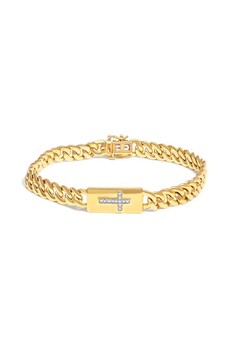 Haus of Brilliance 14K Yellow Gold Plated Silver Diamond Accent Inlaid Cross Cuban Link Bracelet, Main, color, Yellow Gold Over Silver