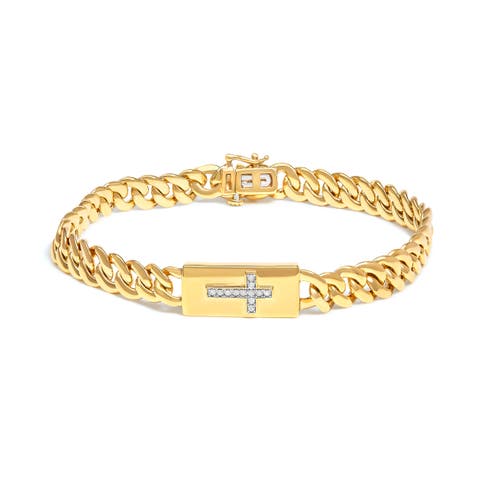 14K Yellow Gold Plated Silver Diamond Accent Inlaid Cross Cuban Link Bracelet