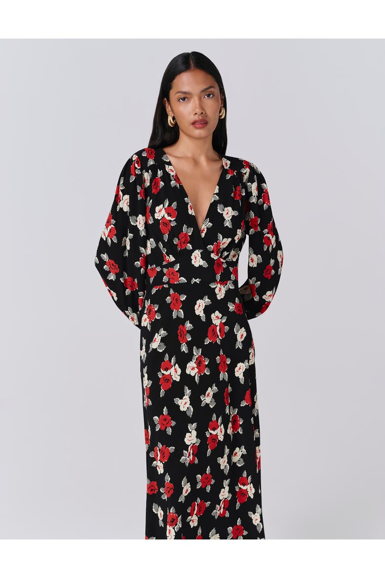 Gracie Floral V Neck Midi Dress, Alternate, color, Black Flower