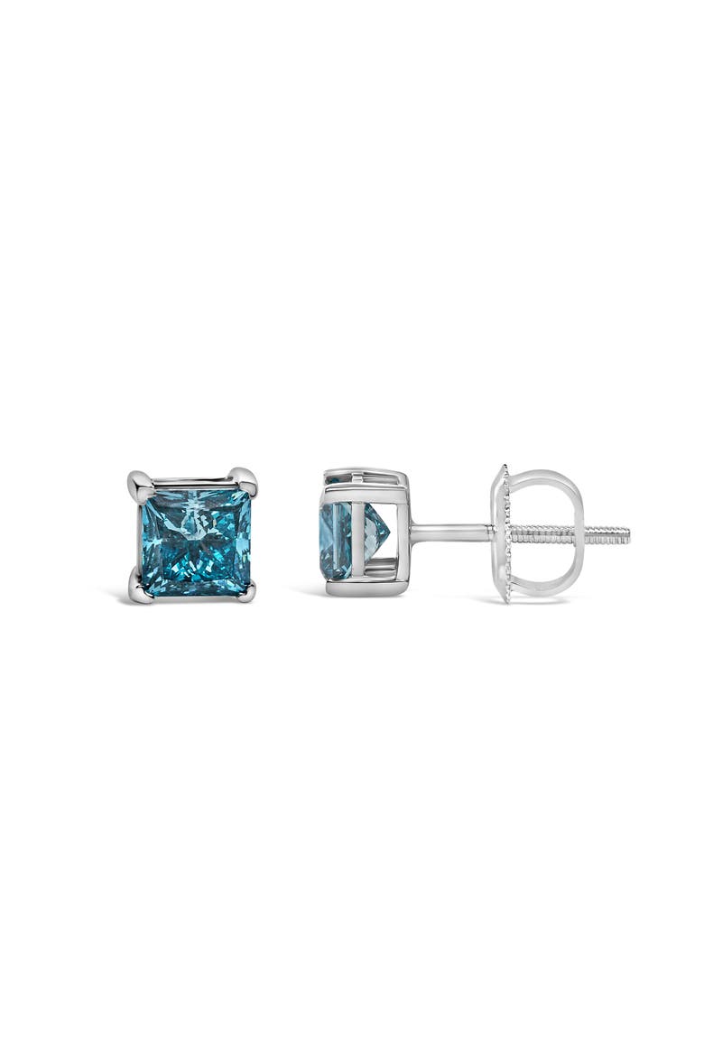 14K White Gold 1.0 Cttw Princess Cut Lab Grown Blue Diamond Solitaire Stud Earrings, Alternate, color, White Gold