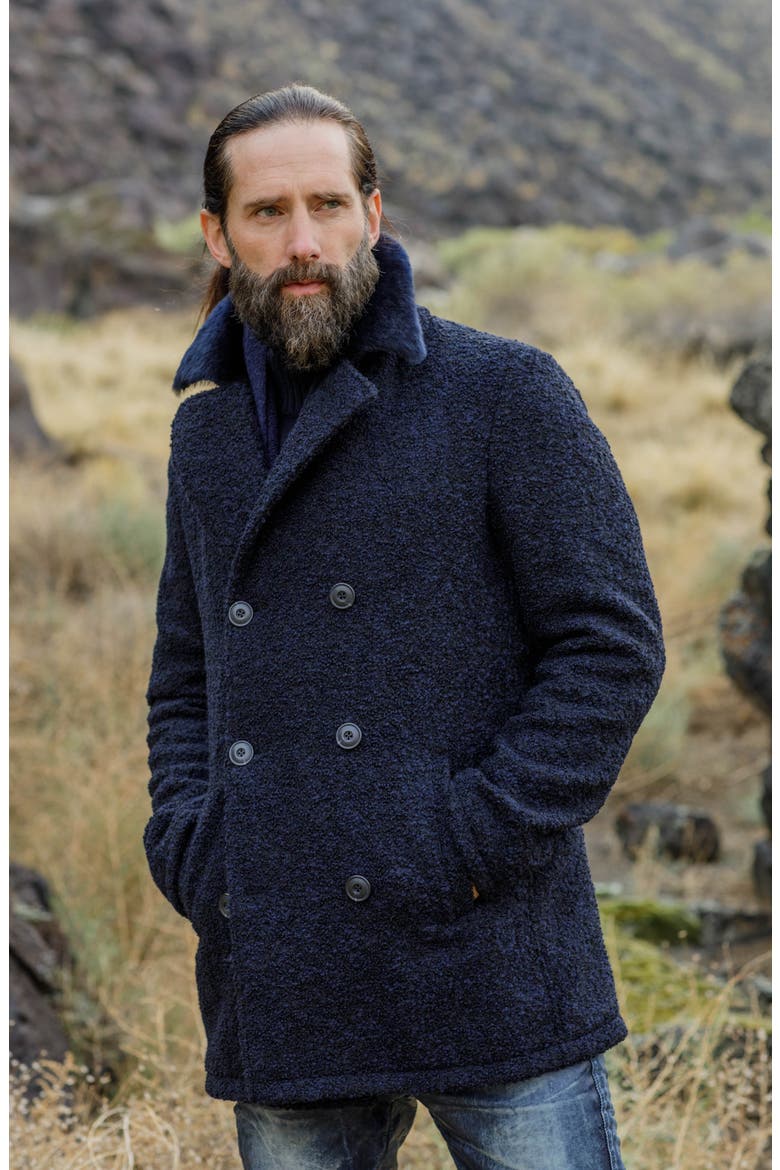 Double Breasted Wool Blend Bouclé Jacket with Shearling Trim, Alternate, color, NAVY