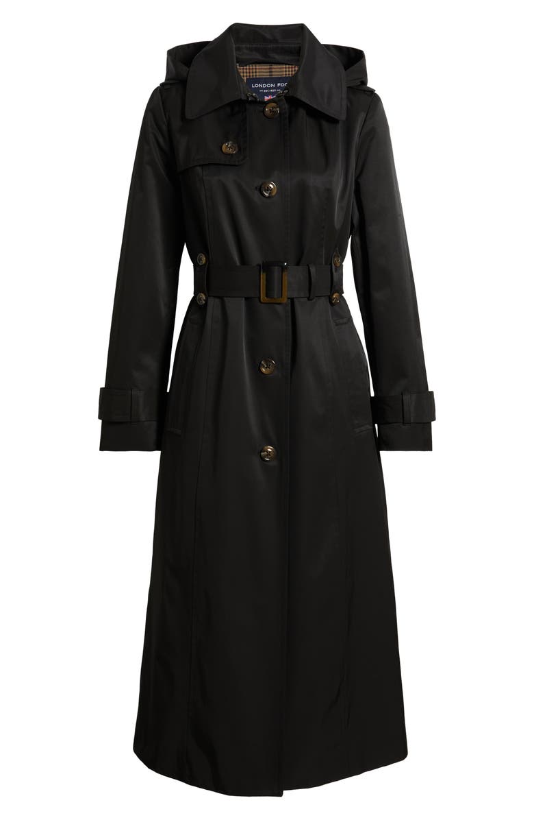 London Fog Hooded Single Breasted Maxi Trench Coat, Alternate, color, Black