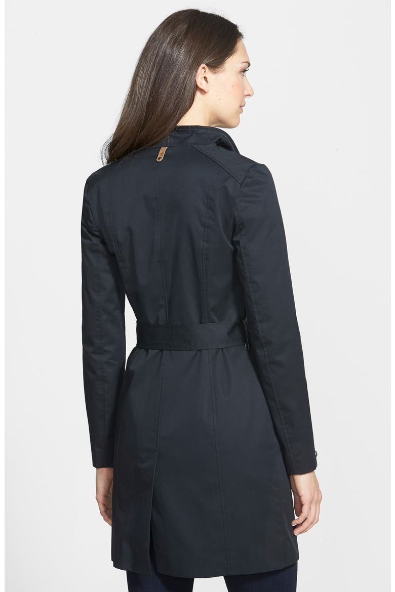 Leather Trim Asymmetrical Zip Long Trench Coat, Alternate, color, BLACK