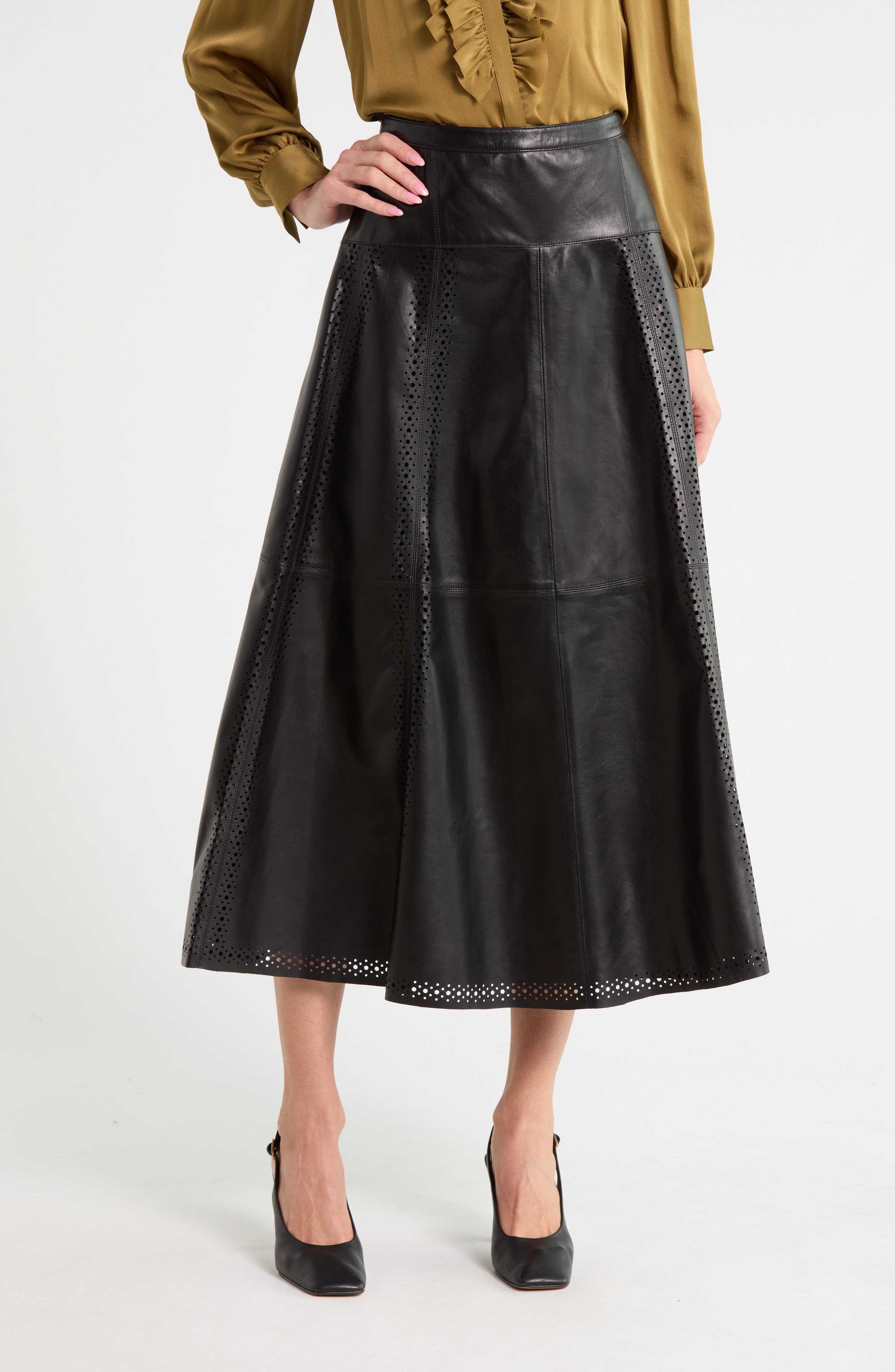 Aninda Eyelet Trim Leather A-Line Skirt