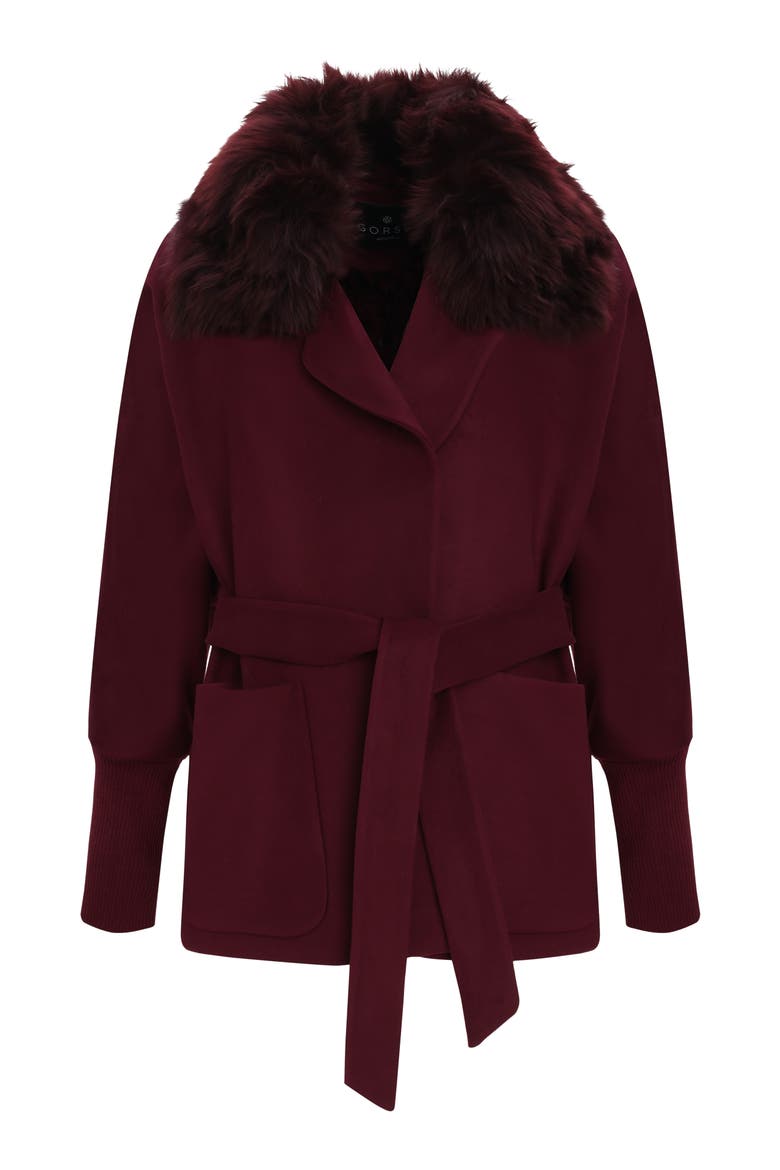 Fabric Jacket with Detachable Genuine Shearling  Collar, Belt, Alternate, color, BURGUNDY