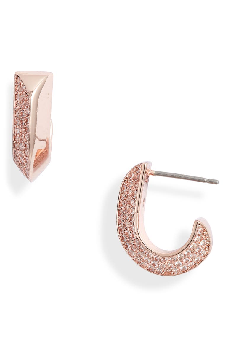 raise the bar small pavé huggie hoop earrings, Main, color, CLEAR/ ROSE GOLD