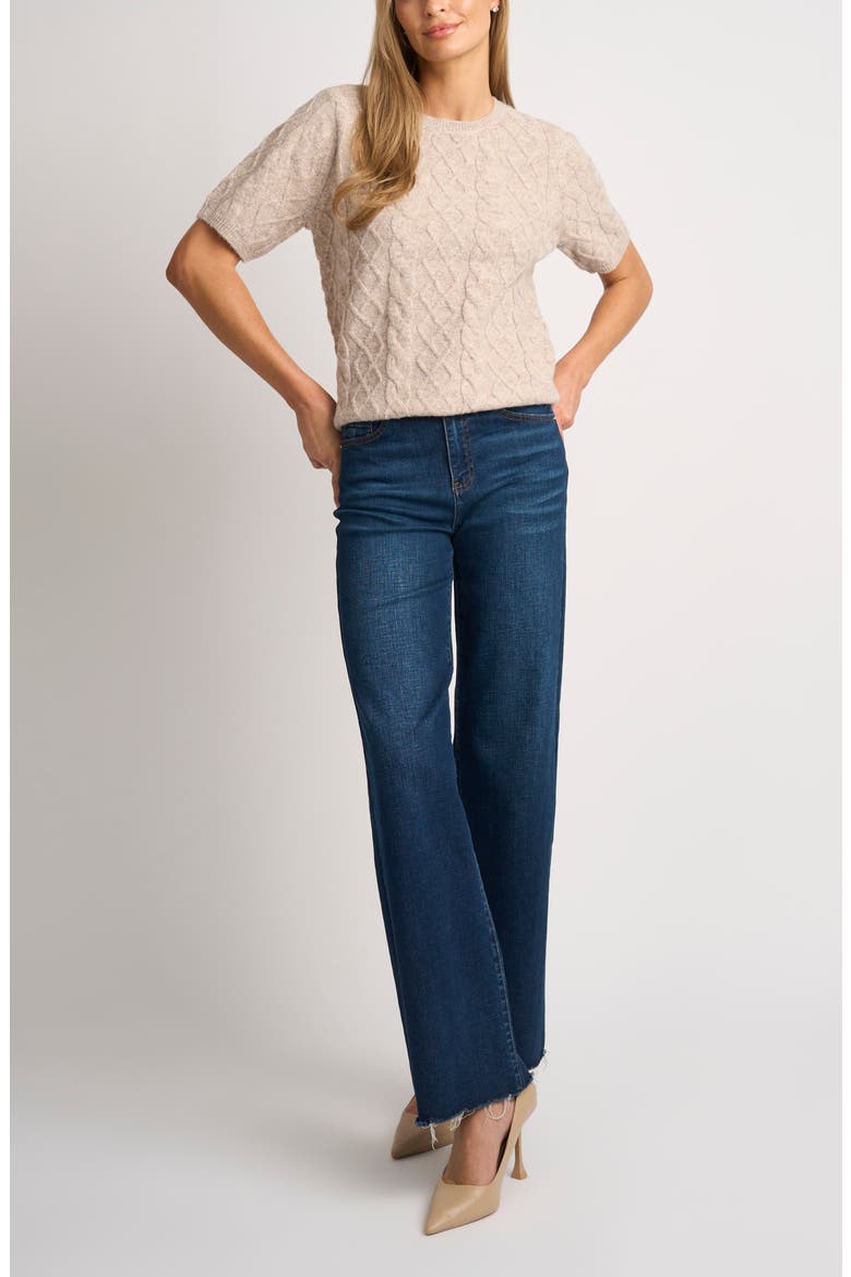 Fuzzy Cable Stitch Short Sleeve Crewneck Sweater, Alternate, color, SANDY PERU