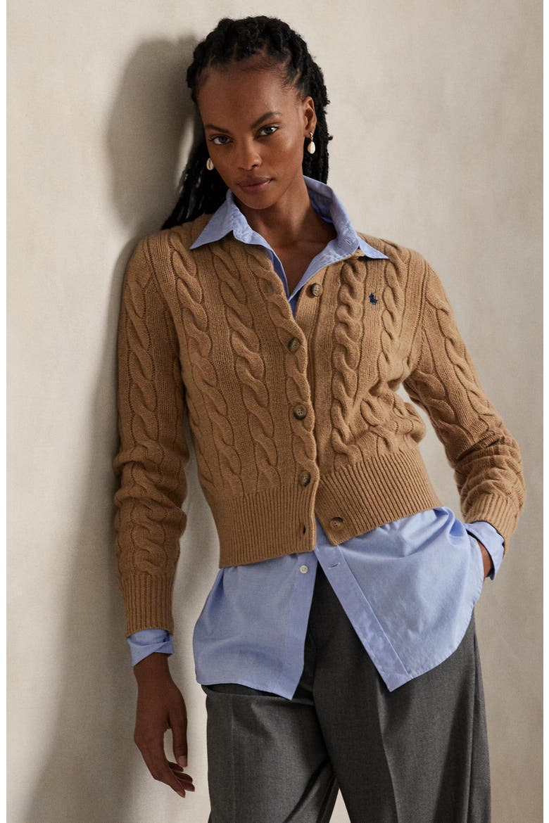 Cable Knit Wool & Cashmere Cardigan, Alternate, color, COLLECTION CAMEL MELANGE