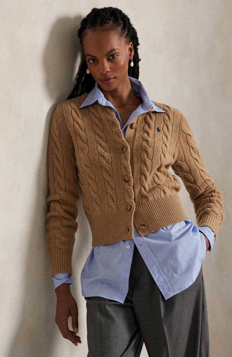 Polo Ralph Lauren Cable Knit Wool & Cashmere Cardigan, Alternate, color, Collection Camel Melange