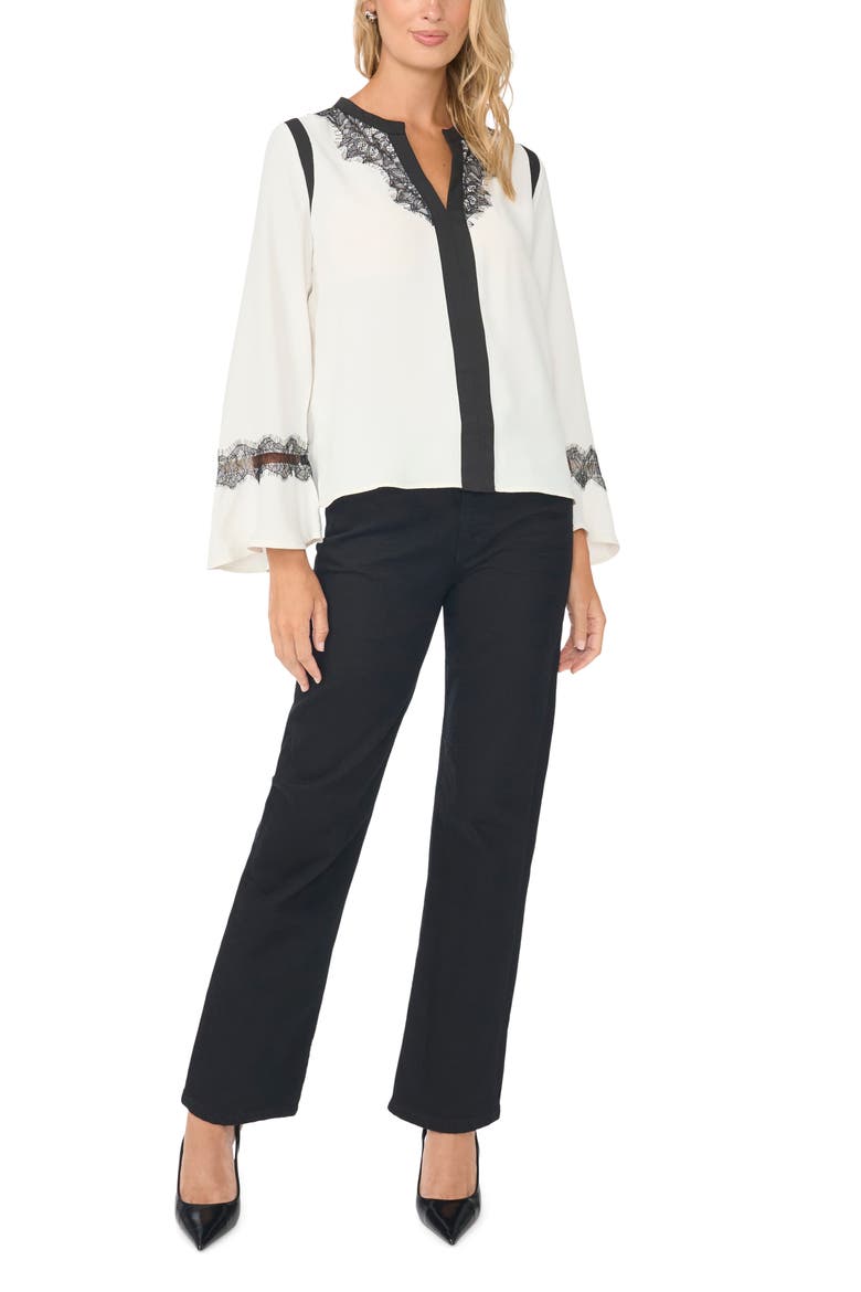 Lace Trim Split Neck Top, Alternate, color, NEW IVORY