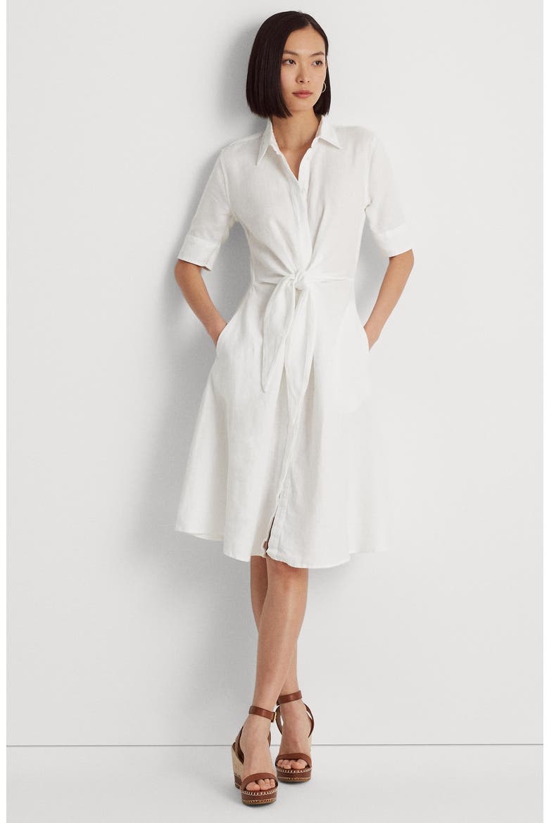 Linen Tie Front Shirtdress, Alternate, color, WHITE