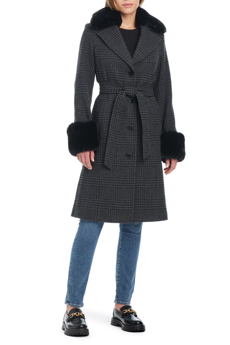 walker belted coat with removable faux fur collar and cuffs, Main, color, SPARKLE HOUNDSTOOTH