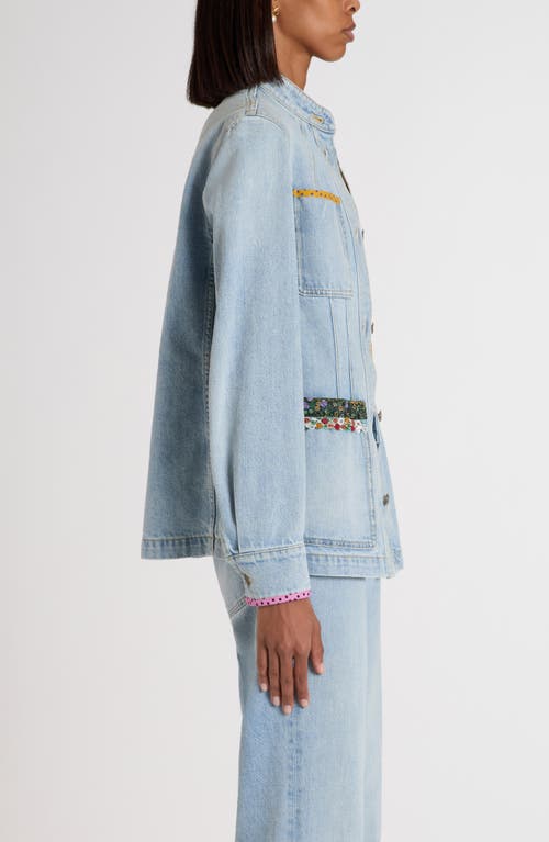 Valentino Embellished Printed Chiffon-trimmed Denim Jacket In Blue
