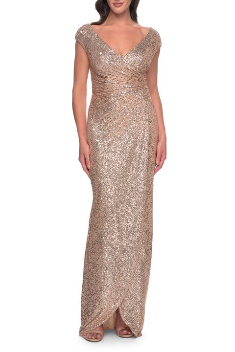 Sequin Evening Dress with Ruching and V Neckline