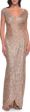 La Femme Sequin Evening Dress with Ruching and V Neckline