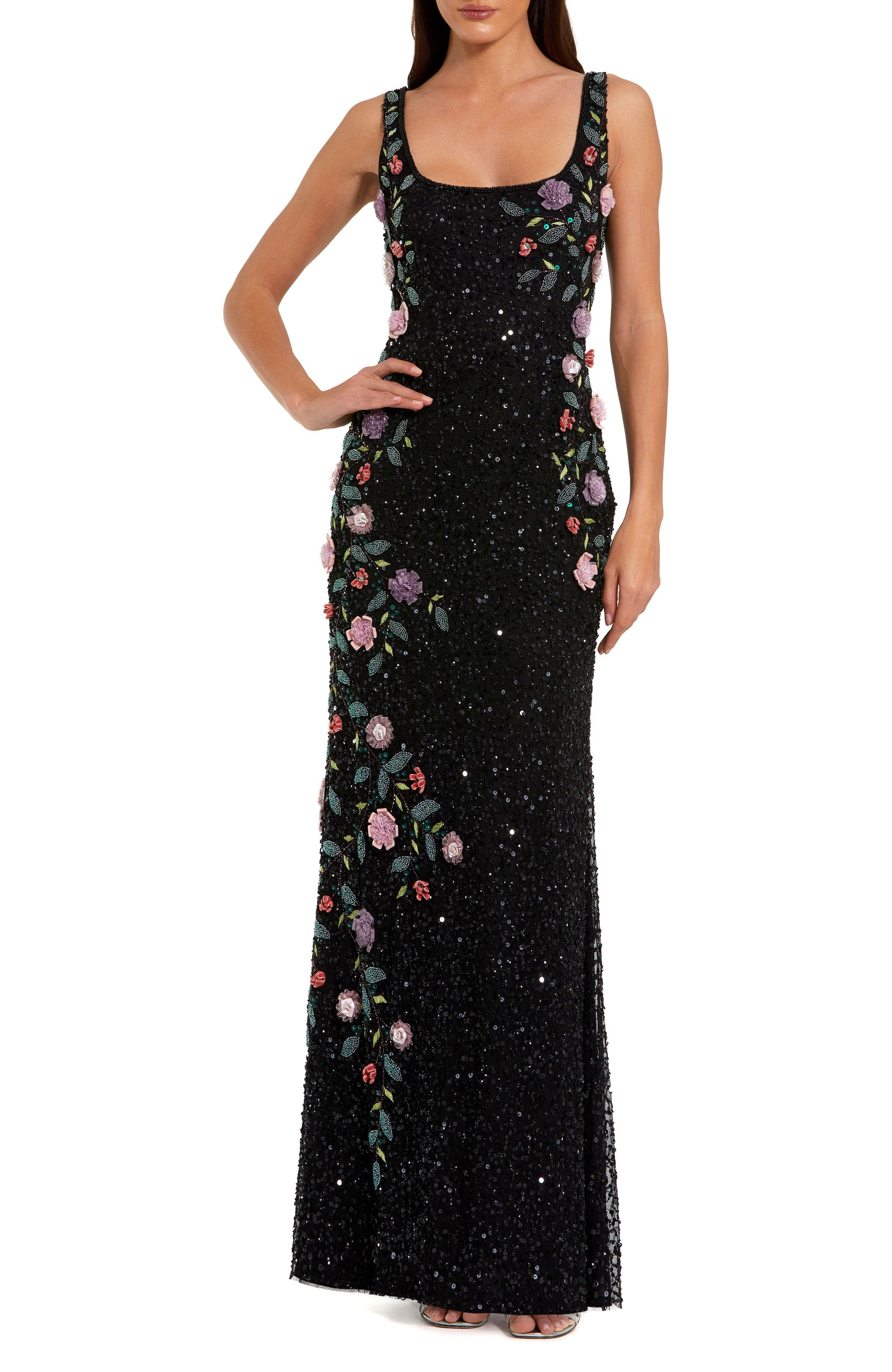 mac duggal scoop-neck floral beaded mesh midi dress Mac Duggal Floral Beaded Mesh Midi Dress - Multicolor