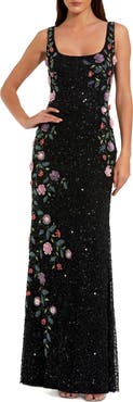 Mac Duggal Embellished Mesh Gown with Scoop Neck and Floral Beading